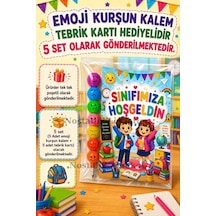 5 Adet Okula Yeni Başlayan Öğrencilere Sınıfımıza Hoşgeldin Yazılı Hediye Seti 1. Sınıf- Sene Başı Hatırası Emoji Kurşun Kalem Tebrik Kartı Hediyeli