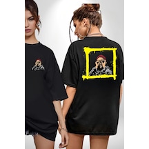 Fantastik Sanatsal Yeni Nesil Kırmızı Bere El İle Dürbün Siyah Oversize Unisex Ön Ve Sırt Baskılı Tişört Siyah
