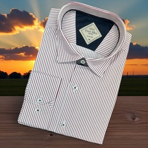 Linen Slim Fit Pamuklu Çizgili Yakası Gizli Düğmeli Gömlek Slim Fit Kalıp Bordo
