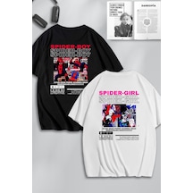 Unisex Spider Boy Ve Spider Girl Sırt Baskılı Sevgili Çift Kombini Tasarım Oversize T-shirt 2li Siyah Beyaz Mck0558 Siyah Beyaz