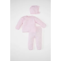 Defacto Kız Bebek 3'lü Takım Bisiklet Yaka Basic Düz Triko Kazak Beli Lastikli Alt Bere C9763A524WNPN688 Pembe