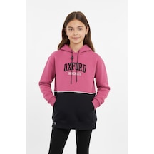 Kapşonlu Oxford Baskılı Kanguru Cepli Kız Çocuk Sweatshirt-90865 Pembe