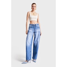 Itsbasic Kadın Mavi Kot Rengi 10s5-4 Kemer Tokalı Barrel Fit %100 Koton Denim Jean