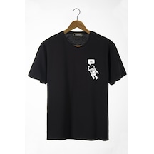 Erkek Siyah Astronot Önü Baskılı Bisiklet Yaka Oversize Rahat Kalıp Basic T-shirt 22y-3400761-3 Siyah