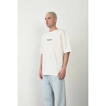 Erkek Baskılı T-shirt Kısa Kol Bisiklet Yaka Rahat Kalıp Tişört - Beyaz Beyaz