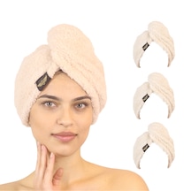 3'lü Paket Mikrofiber Saç Havlusu 2 Düğmeli Saç Kurutma Bonesi Baş Havlusu Bej-bej-bej