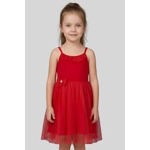 Modanino Kız Çocuk Elbise -tüllü Ve Süsleme Detaylı-askılı Kollu- 4-8 Yaş 12536 Kırmızı