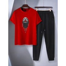 Uyguntarz Unisex Pırlantalı Kadın Portresi Tasarım Basklı Tshirt Eşofman Takımı Kırmızı