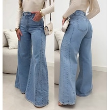 Hazego Kadın Yüksek Bel Paçaya Doğru Geniş Kesimli Kot Pantolon Mavi
