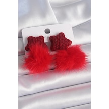 Kırmızı Renk Tüylü Yıldız Ponpon Model Kadın Küpe Çok Renkli