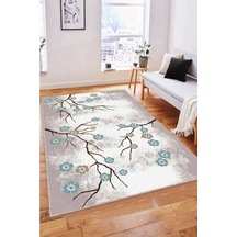 Turkuaz Çiçekli Kaymaz Taban Makinede Yıkanabilir Halı Fw002n11