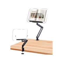 Ayarlanabilir Masa Kenarı Kitap Ve Tablet Standı 360 Dönebilen, 87.5cm Yükseklik Ayarlı, Kelepçeli Metal Kol, Şeffaf Akrilik Panel, Kitap Okuma, Tablet, İpad İle Uyumlu P87