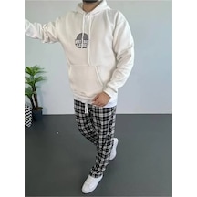 Yake Store Erkek Baskılı Üç İplik Kapüşonlu Oversize Sweatshirt - Beyaz - Beyaz