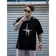 Siyah Çizgi Baskılı Oversize Salas Boyfriend Erkek T-shirt Siyah