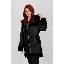 M M Marki Marki Kadın Siyah Hakiki Deri Kapüşonlu Kürk Kaban - Uzun Kürk Kaban 90 Cm, Fermuarlı, Kışlık 102122