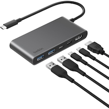 Belkin Usb-c Hub, 5 Portlu, 60 Hz'de 4k Hdmı Ekran Desteği, 100w Güç İletimi, 5gbps Usb-c Çoklu Port Adaptörü, Gri