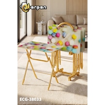 Eranş Serisi 4'lü Katlanır Cam Makaron Desen Çanta Zigon Sehpa Gold Ayak Makaron Desen Gold