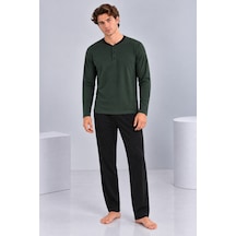 Pijamask Erkek Haki Yeşil Patlı Yaka Uzun Kollu Siyah Pantolonlu Pijama Takımı Haki