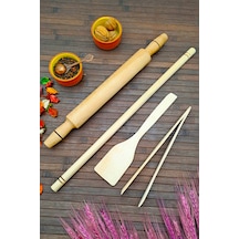 MRS store Oklava Merdane Seti Doğal Ahşap 4 Lü Set- 50 Cm Oklava, Sabit Merdane, Spatula, Maşa