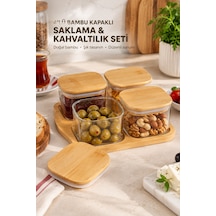 4'lü Vakumlu Borosilikat Cam Saklama Kabı Bambu Kapaklı Kahvaltılık Çerezlik Seti Bambu Standlı Beyaz - 918180446 Beyaz