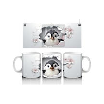 Sakura Çiçekleriyle Sevimli Penguen Baskılı Kahve Kupası Renkli