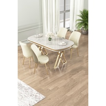 Canisa Lai Serisi 90x168 Lak Panel Beyaz Mermer Desen Masa Ve 4 Krem Sandalye Gold Kaplama Ayak Beyaz Mermer Desen Masa Krem Sandalye Ayaklar Gold
