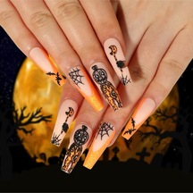Halloween Korku Maskeli Özel Tasarım Uzun Düz Takma Tırnak Seti 24 Adet - Turuncu