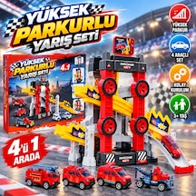 Yüksek Parkurlu 4'ü 1 Arada Yarış Seti 4 Araçlı, Rampalı Ve Engelli Pist, 3+ Yaş - Kırmızı