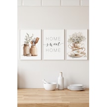 Beyaz Ahşap Çerçeveli Home Sweet Home Mutfak Temalı Duvar Tablosu 3 Lü Set Beyaz