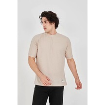 Unisex Waffle Kumaş Rahat Kol T-shirt - Bej Bej
