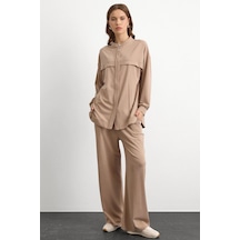 Olcay Bisiklet Yaka Önü Patlı Premium Sweat İkili Takım Bej 9384-tk