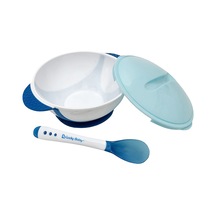 Samdoo Mavi Bebek Yemek Silikon Kase + Isil Duzenleyici Spoon, Pp + Silikon Malzeme, Sekerlekli Kapakli, Taşınabilir Çocuk Tabak 600295