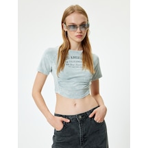 Koton Crop Tişört Büzgü Detaylı Kolej Baskılı Yıkamalı Kısa Kollu Slim Fit Gri 4sal11092ık Gri