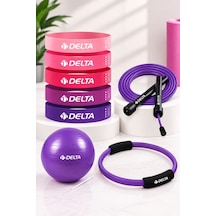 8 Parça Pilates Ve Fitness Seti Mini Pilates Topu, Pilates Çemberi, Ayarlanabilir Atlama İpi Ve 5 Li Direnç Bandı Mor