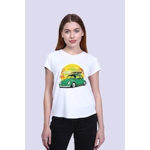 Newdesigner Kadın Beyaz Ön Araba Baskılı V Yaka Tshirt Beyaz