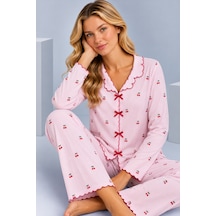 Pijamask Kadın Desenli Fiyonk Detaylı Düğmeli Uzun Kollu Müslin Pijama Takımı Pembe