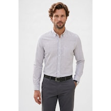 Tudors Erkek Slim Fit Dar Kesim %100 Pamuk Düğmeli Yaka Çizgili Uzun Kollu Cepli Keten Efektli Haki Gömlek-51078