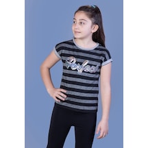 Toontoy Kids Toontoy Kız Çocuk Baskılı Bisiklet Yaka Kısa Kollu Çizgili Tişört Siyah