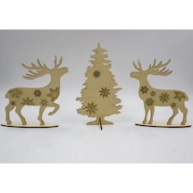 Ahşap Noel Yılbaşı Masaüstü 3 Lü Ağaç Geyik Dekor Yılbaşı Hediyelik