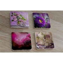 Mor Çiçekler Doğal Taş Bardak Altlığı 4'lü Set - Natural Stone Coasters - Taş Çok Renkli