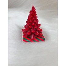Yılbaşı Simli Çam Ağacı Mum Kırmızı 10 Cm