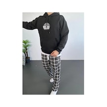 Erkek Kapüşonlu Kanguru Cepli Sweatshirt 3 İplik Pamuklu Baskılı Hoodie - Siyah