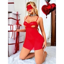Ang Butik Kadın Kırmızı Göğüs Dekolteli Göz Bantlı String Tül Gecelik Takımı