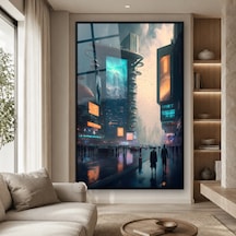 Neon Ekranlı Yağmurlu Cadde Siyah Çerçeveli Cam Tablo