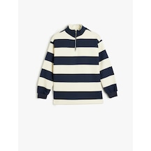 Koton Yarım Fermuarlı Sweatshirt Dik Yaka Uzun Kollu Üç İplik Şardonlu Ekru Çizgili 5wkb10128tk Ekru