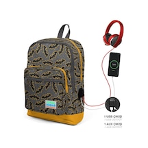 Coral High Kids Koyu Gri Hardal Yarasa Desenli Dört Bölmeli  USB Şarjlı Kulaklık Çıkışlı Okul Sırt 23821