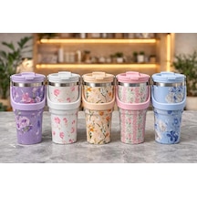 Diğer Çiçek Desenli 700 Ml Taşıma Kulplu Paslanmaz Çelik Termos Mug Bardak Renkli
