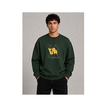 Herkesemoda Fuel Your Harder Baskı Detaylı Bisiklet Yaka Şardonlu 2 İplik Sweatshirt Yeşil