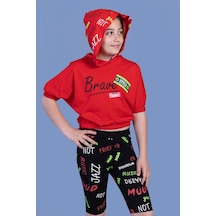 Toontoy Kids Toontoy Kız Çocuk 2'li Takım Baskılı Kapüşonlu Kısa Kollu Crop Sweatshirt & Basic Düz Crop Tayt Kırmızı