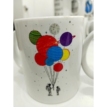 Astronot Gezegen Balon Kupa - Uzay Temalı Renkli Seramik Bardak Hediyesi 325ml Beyaz - Çok Renkli